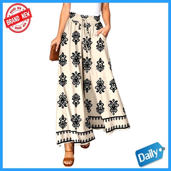 Pants - Women's Elastic Waist Wide Leg Pants with Pockets Casual Comfort